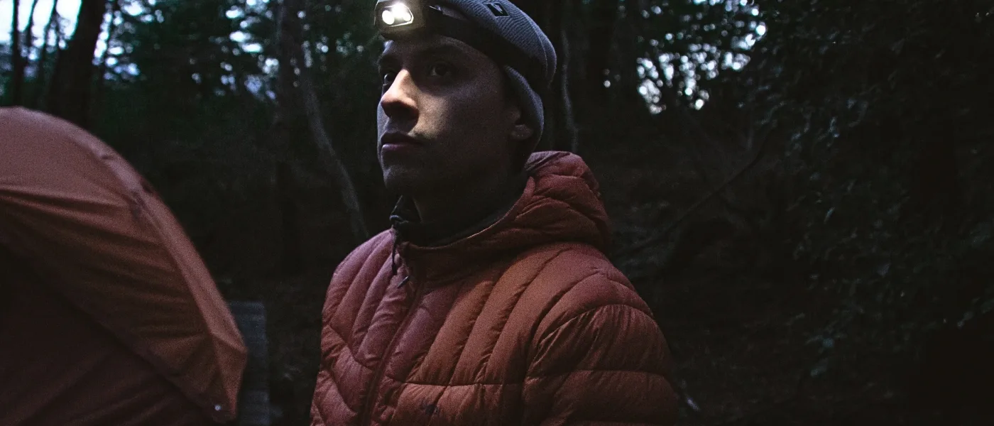 A headlamp worn by hiker, getting ready for a sunrise trek in Maragang