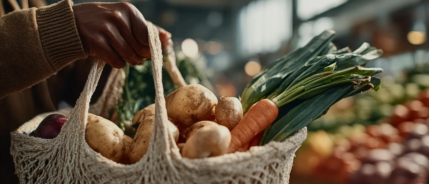 Woman holding a tote bag filled with fresh local produce from Kundasang Market, Sabah
