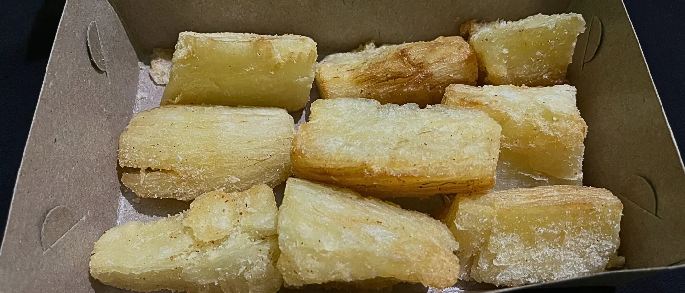 Crispy fried cassava sold as street food at Kundasang market, Sabah