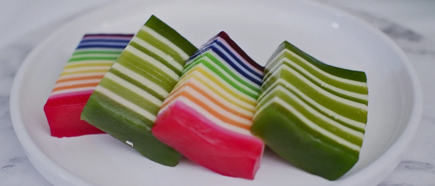 Colorful layers of kuih lapis, a traditional Malaysian dessert commonly found in Kundasang