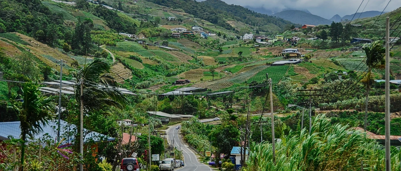 anoramic View of Kundasang Valley Panoramic view of Kundasang Valley with lush hills and distant peaks, highlighting the scenic journey to reach it.