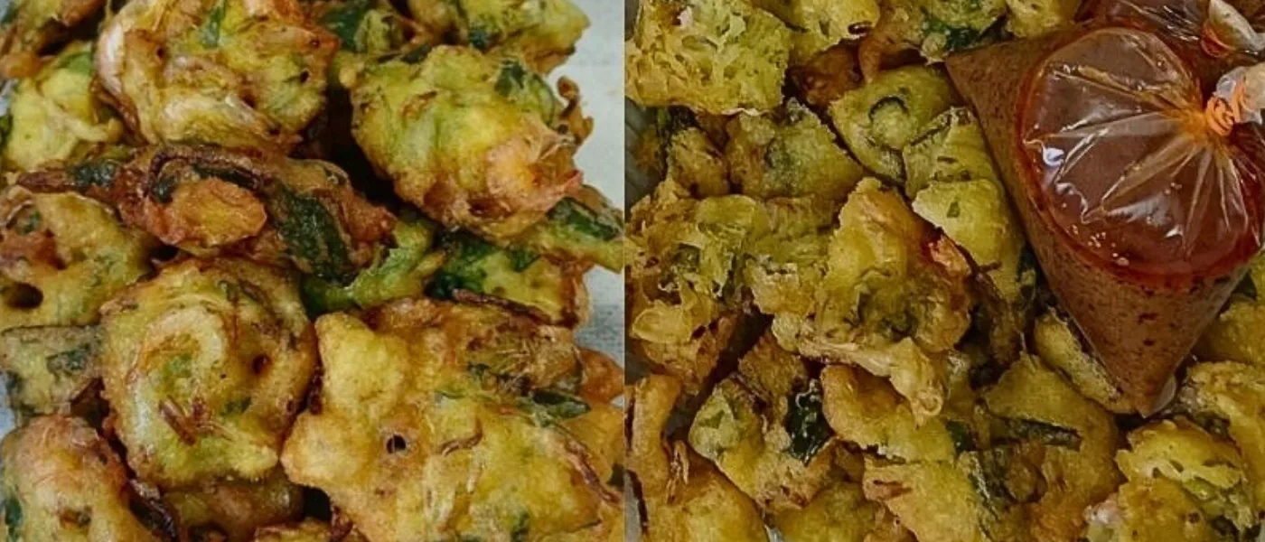 Freshly fried cucur udang, traditional Malaysian prawn fritters commonly found at Kundasang markets