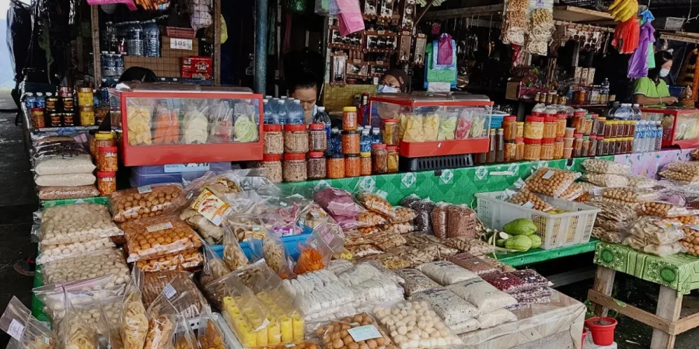 Packed, jarred, and wrapped local snacks and foods sold at Pekan Nabalu Market, Kundasang