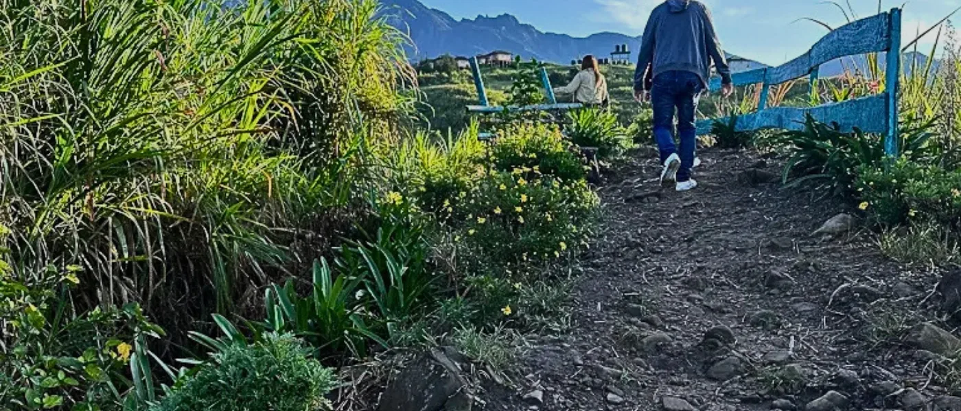 Two tourists arriving early morning at Sosodikon Hill trailhead for a hike